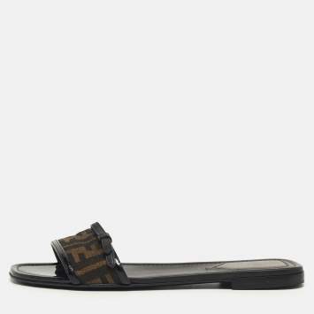 Pre Owned Fendi Size 38.5 Black/Brown Zucca Canvas and Patent Leather Flat Slide