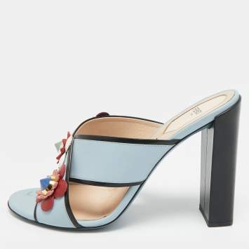 Pre Owned Fendi Flowerland Size 41 Light Blue/Black Leather Criss Cross Slide Sandals