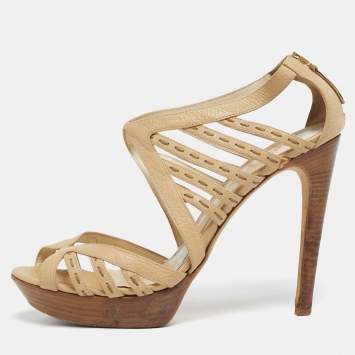 Pre Owned Fendi Size 40 Beige Leather Strappy Sandals