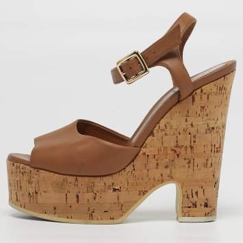 مملوكة مسبقًا Fendi Size 37 Brown Leather Cork Wedge Platform Ankle Strap Sandals