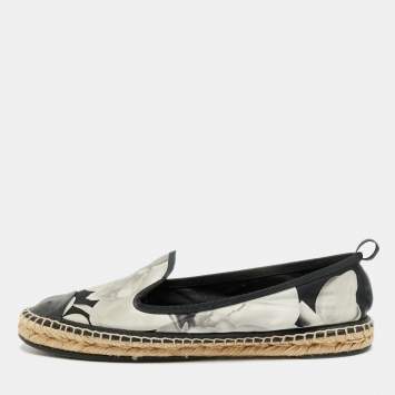 Pre Owned Fendi Size 40 Black/White Leather and Nylon Espadrille Flats