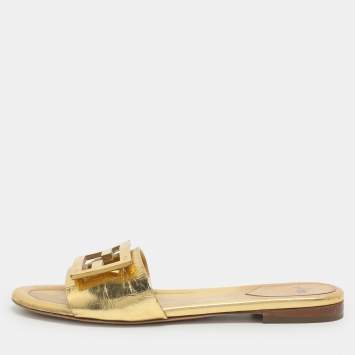Pre Owned Fendi Baguette Size 38 Metallic Gold Leather Flat Slides 