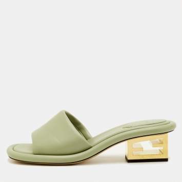 Pre Owned Fendi Baguette Heel Size 38 Light Green Leather Slide Sandals