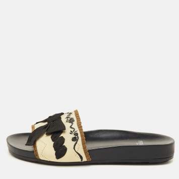 Pre Owned Fendi Size 37 Beige/Black Knit Fabric Bow-Tie Flat Slide Sandals