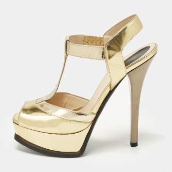 Pre Owned Fendi Size 38 Gold Leather Ankle Strap Sandals