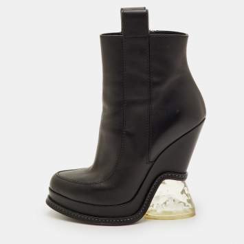 Pre Owned Fendi Size 38 Black Leather Zip Up Platform Ankle Length Boots