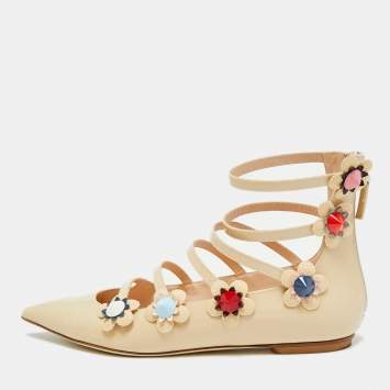 Pre Owned Fendi Flowerland Size 37 Cream Patent Leather Strappy Ballet Flats