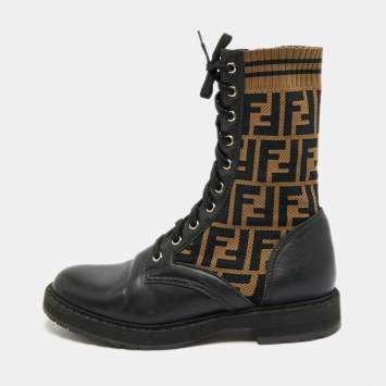 مملوكة مسبقًا Fendi Rockoko Size 38.5  Black/Brown Canvas Leather Combat Boots