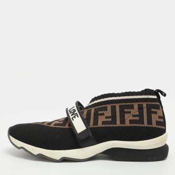 مملوكة مسبقًا Fendi Rockoko Size 40 Brown FF Knit Fabric Slip On Sneakers