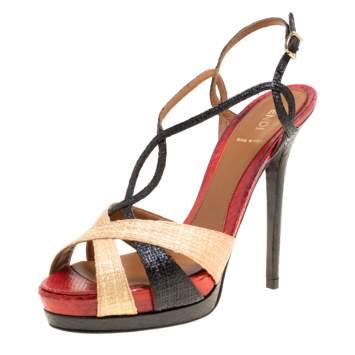 Pre Owned Fendi Tri Color Raffia and Snakeskin Strappy Slingback Platform Sandals Size 39