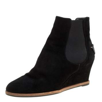 Pre Owned Fendi Black Suede Wedge Heel Ankle Boots Size 40