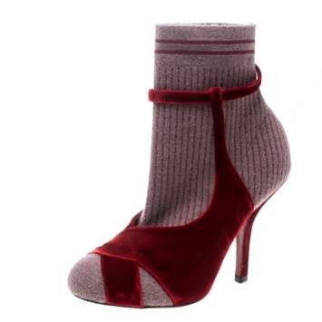 Pre Owned Fendi Red/Purple Velvet and Knitted Fabric Socks Ankle Booties Size 39