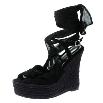Pre Owned Fendi Black Tulle Fabric and Suede Wedge Espadrille Tie Up Sandals Size 39