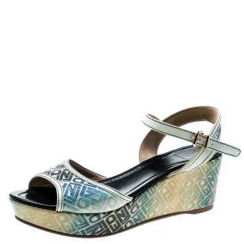 Pre Owned Fendi Multicolor Printed Canvas And Leather Trim Platform Wedge Sandals Size 41