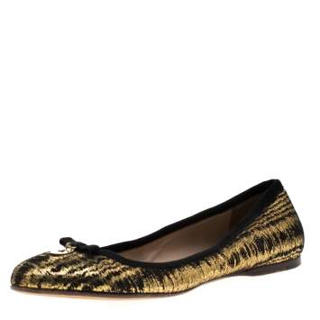 مملوكة مسبقًا Fendi Metallic Black Textured Suede Bow Ballet Flats Size 38