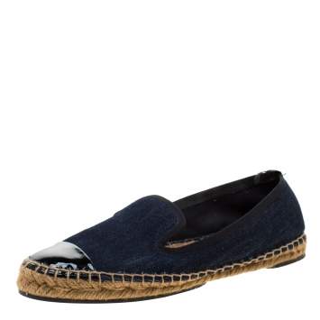 مملوكة مسبقًا Fendi Indigo Dark Wash Denim Junia Patent Leather Cap Toe Espadrilles Size 37.5