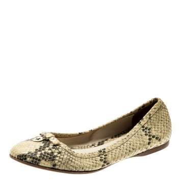 Pre Owned Fendi Beige Python Leather Bow Detail Ballet Flats Size 38