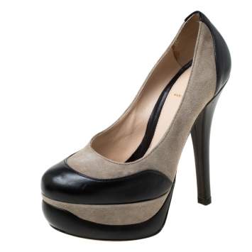 Pre Owned Fendi Black/Grey Suede and Leather Platform Pumps Size 35