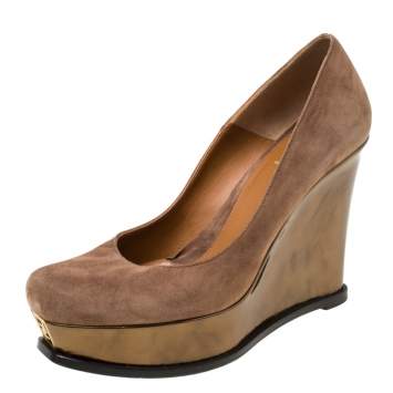 Pre Owned Fendi Brown Suede Platform Wedge Pumps Size 41
