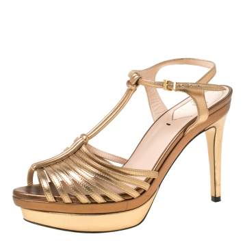 Pre Owned Fendi Metallic Dull Gold Leather T Strap Platform Sandals Size 37.5