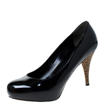 Pre Owned Fendi Black Patent Leather Logo Heel Platform Pumps Size 37.5