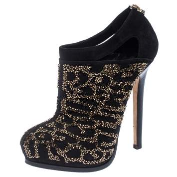 Pre Owned Fendi Black Suede Crystal Embellished Platform Ankle Booties Size 37