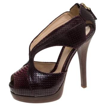 Pre Owned Fendi Brown/Burgundy Python Strappy Peep Toe Platform Sandals Size 36.5