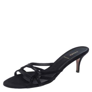 Pre Owned Fendi Black Strappy Leather Slide Sandals Size 38.5