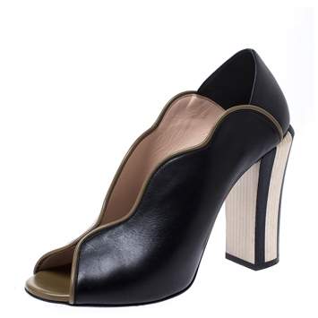 Pre Owned Fendi Black/Olive Green Wave Leather Foldable Heel Peep Toe Pumps Size 38