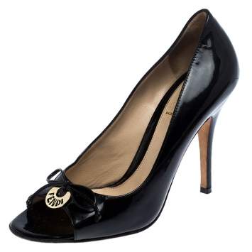 Pre Owned Fendi Black Patent Leather Bow Peep Toe Pumps Size 36