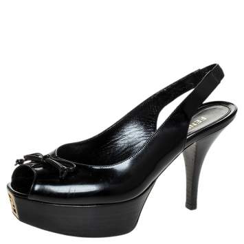 Pre Owned Fendi Black Patent Fendista Slingback Platform Sandals Size 37.5