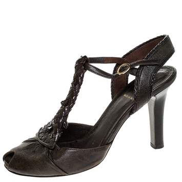 Pre Owned Fendi Brown Leather T Strap Peep Toe Ankle Strap Sandals Size 38
