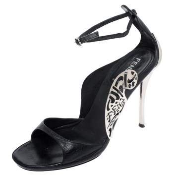 Pre Owned Fendi Black Leather Metal Applique Embellished Ankle Strap Sandals Size 37