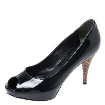 Pre Owned Fendi Black Patent Leather Zucchino Heel Peep Toe Pumps Size 35