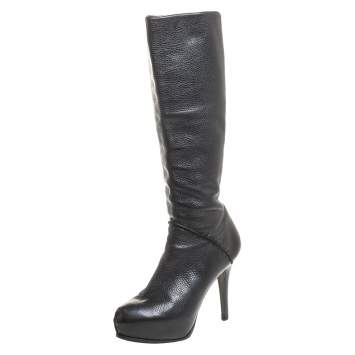 Pre Owned Fendi Black Textured Leather Mid Calf Platform Boots Size 38.5