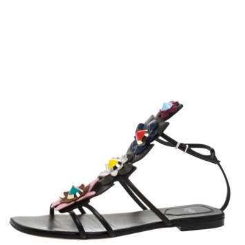 Pre Owned Fendi Multicolor Leather Flowerland Ankle Strap Gladiator Flat Sandals Size 38