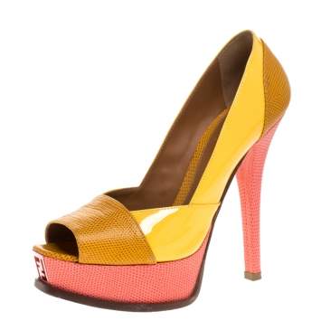 Pre Owned Fendi Tricolor Embossed Lizard Leather Fendista Peep Toe Platform Pumps Size 38.5