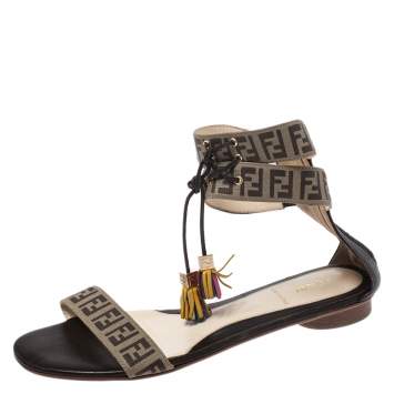 Pre Owned Fendi Brown Zucca Coated Canvas Tassel Open Toe Ankle Wrap Sandals Size 38