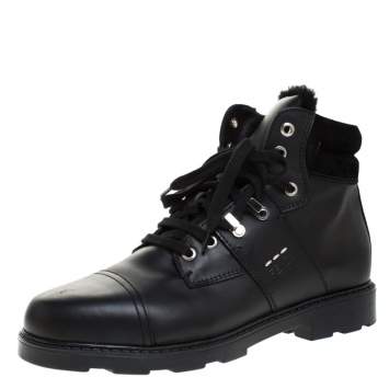 Pre Owned Fendi Black Leather And Fur Trim Lace Up Ankle Boots Size 39