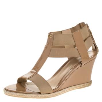 Pre Owned Fendi Beige Patent Leather T-Strap Espadrille Wedge Sandals Size 37.5