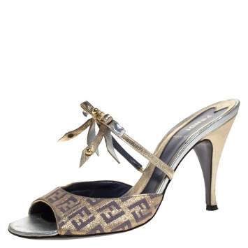 Pre Owned Fendi Multicolor Zucca Canvas and Leather Bow Slide Sandals Size 37.5