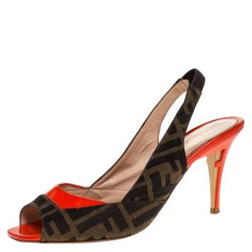 Pre Owned Fendi Brown Zucca Canvas and Orange Patent Leather Slingback Sandals Size 37.5