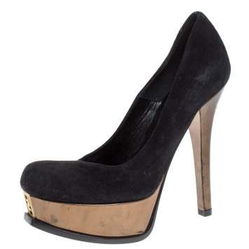 Pre Owned Fendi Black Suede And Bronze Patent Leather Fendista Platform Pumps Size 36