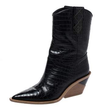 مملوكة مسبقًا Fendi Black Croc Embossed Leather Cowboy Boots Size 38