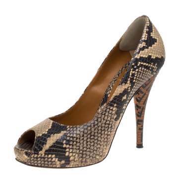 Pre Owned Fendi Black/Beige Python Embossed Leather Peep Toe Platform Pumps Size 37