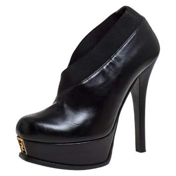 مملوكة مسبقًا Fendi Black Leather Faux-wrap Fendista Platform Ankle Booties Size 37