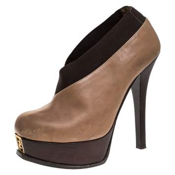 Pre Owned Fendi Beige/Brown Leather Fendista Faux-wrap Platform Ankle Booties Size 37
