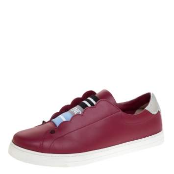 Pre Owned Fendi Dark Red Leather And Logo Knit Rockoclick Slip On Sneakers Size 39