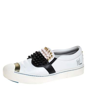 Pre Owned Fendi White/Black Leather Studded Karlito Slip On Sneakers Size 41