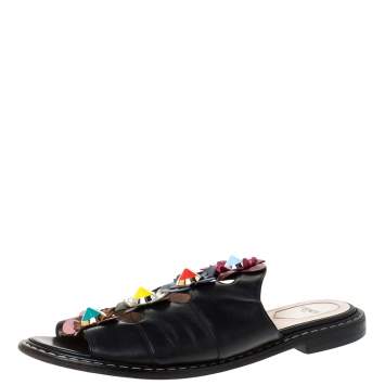 Pre Owned Fendi Black Leather Flowerland Slide Sandals Size 39